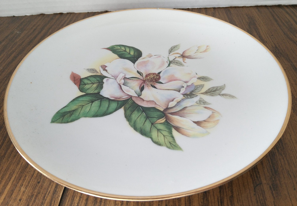 White Plate With Pink Flower Pattern And Gold Trim